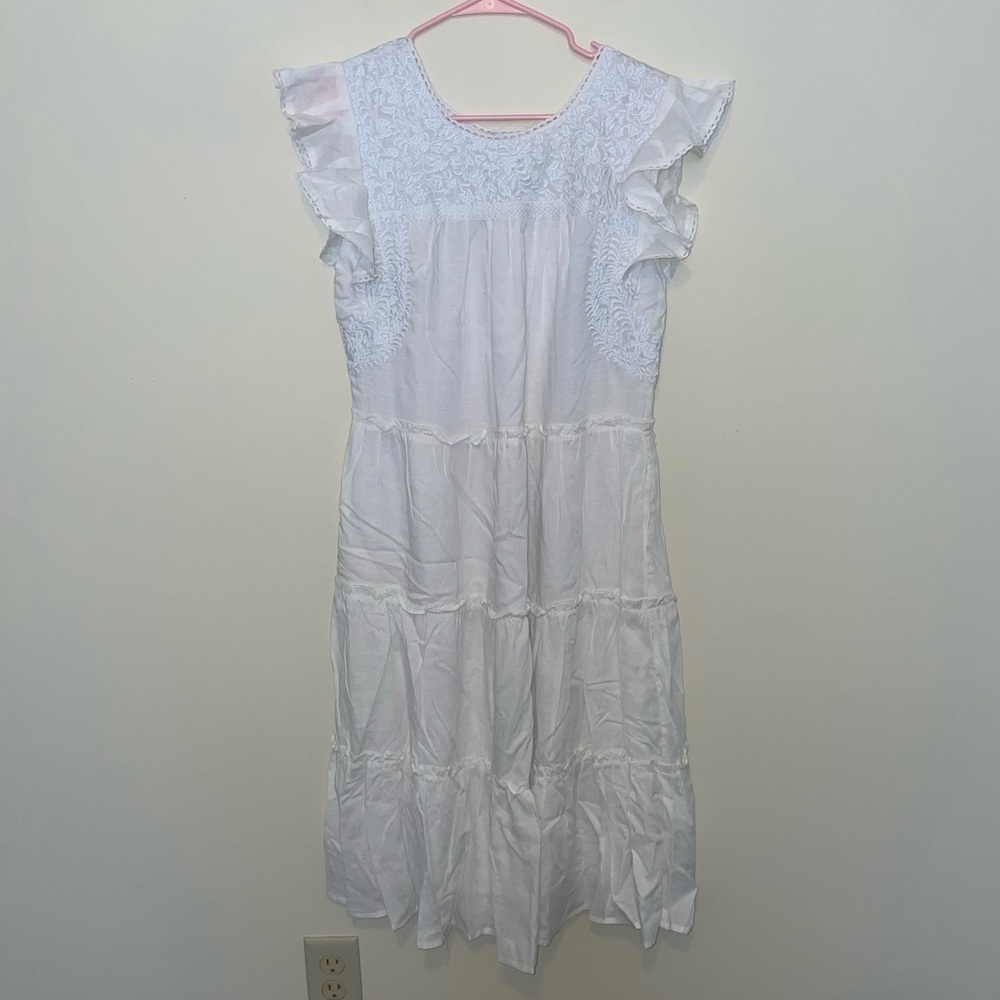 J.Marie Embroidered White Linen Blend Tiered Midi Dress Size XS